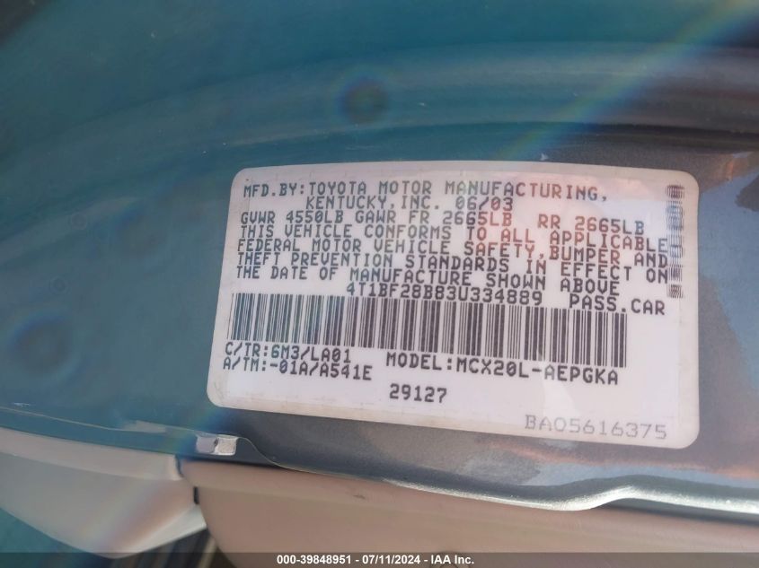 2003 Toyota Avalon Xls VIN: 4T1BF28B83U334889 Lot: 39848951