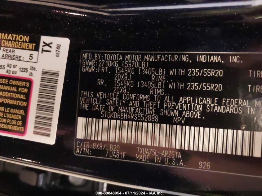 2024 Toyota Highlander Platinum VIN: 5TDKDRBH4RS55288 Lot: 39848954