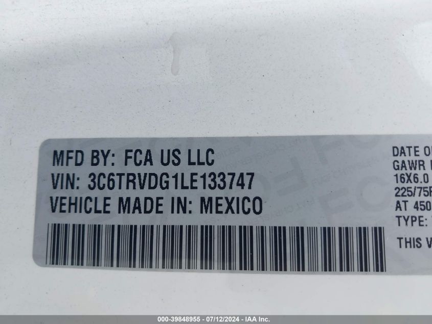 2020 Ram Promaster 2500 High Roof 159 Wb VIN: 3C6TRVDG1LE133747 Lot: 39848955