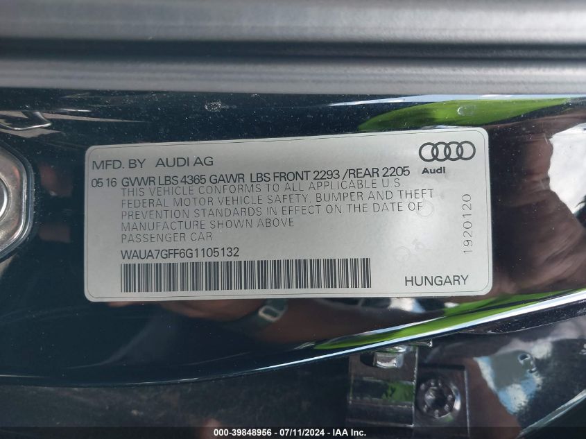 WAUA7GFF6G1105132 2016 Audi A3 1.8T Premium