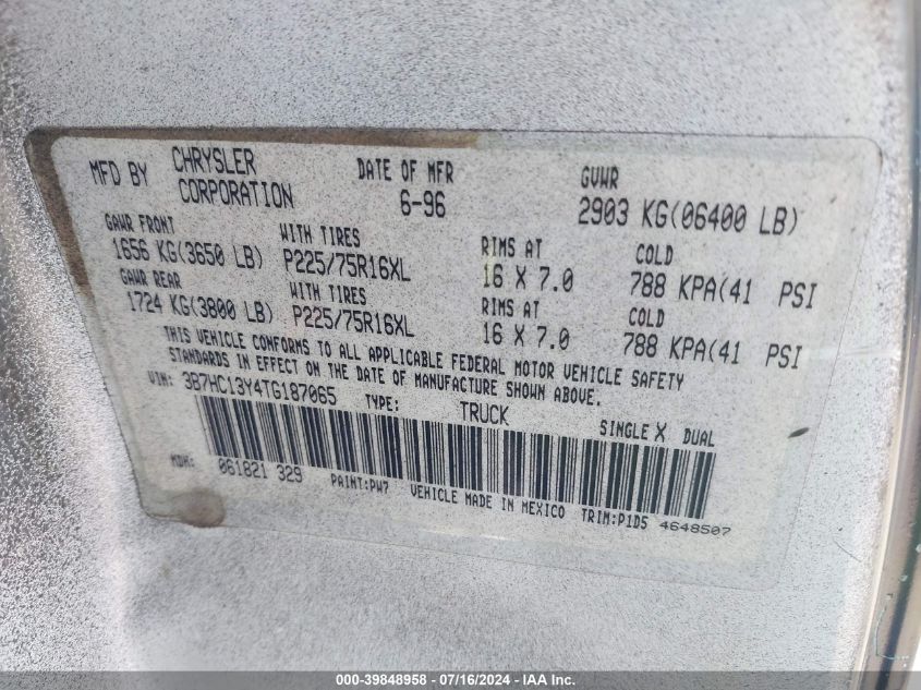 1996 Dodge Ram 1500 VIN: 3B7HC13Y4TG187065 Lot: 39848958