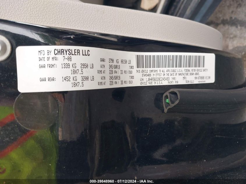 2008 Jeep Grand Cherokee Limited VIN: 1J8HR58228C245493 Lot: 39848960