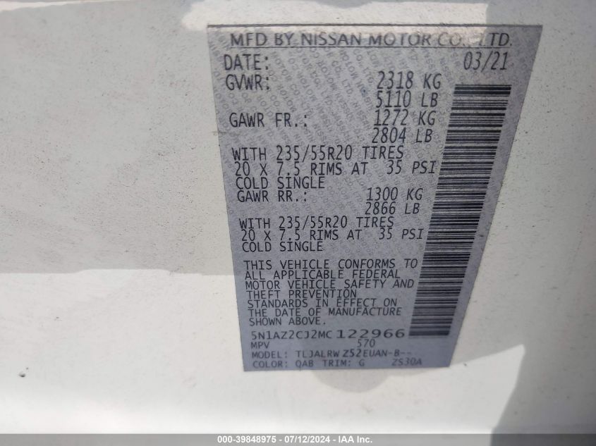 2021 Nissan Murano Sl VIN: 5N1AZ2CJ2MC122966 Lot: 39848975