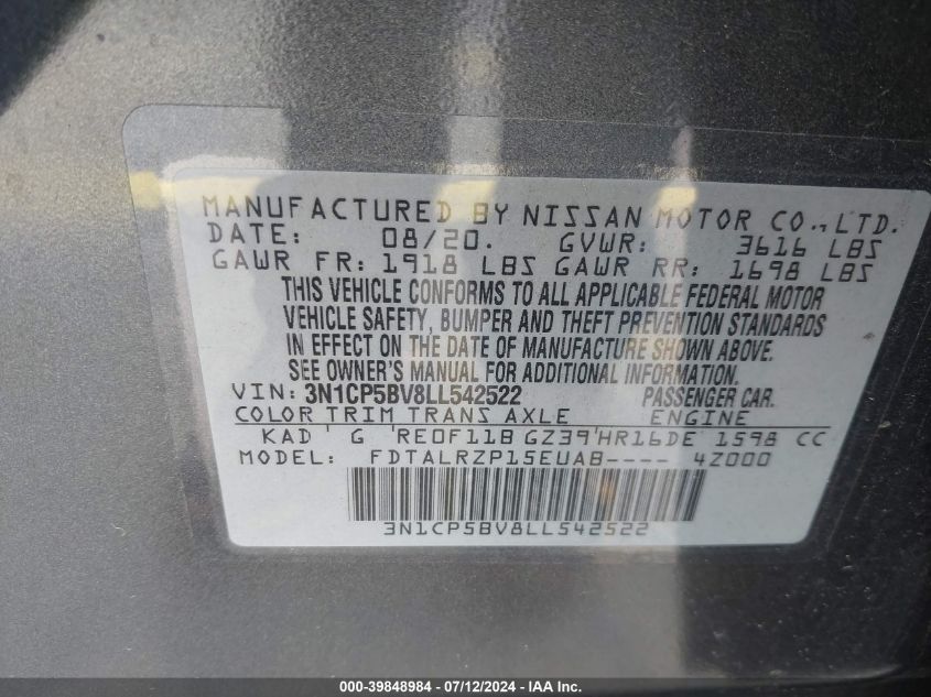 2020 Nissan Kicks S Xtronic Cvt VIN: 3N1CP5BV8LL542522 Lot: 39848984