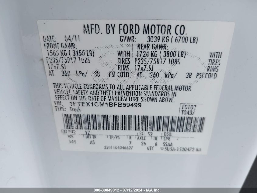 2011 Ford F150 Super Cab VIN: 1FTEX1CM1BFB59499 Lot: 39849012