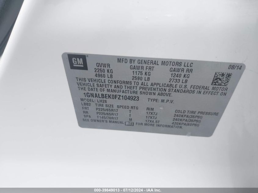 2015 Chevrolet Equinox 1Lt VIN: 1GNALBEK0FZ104923 Lot: 39849013