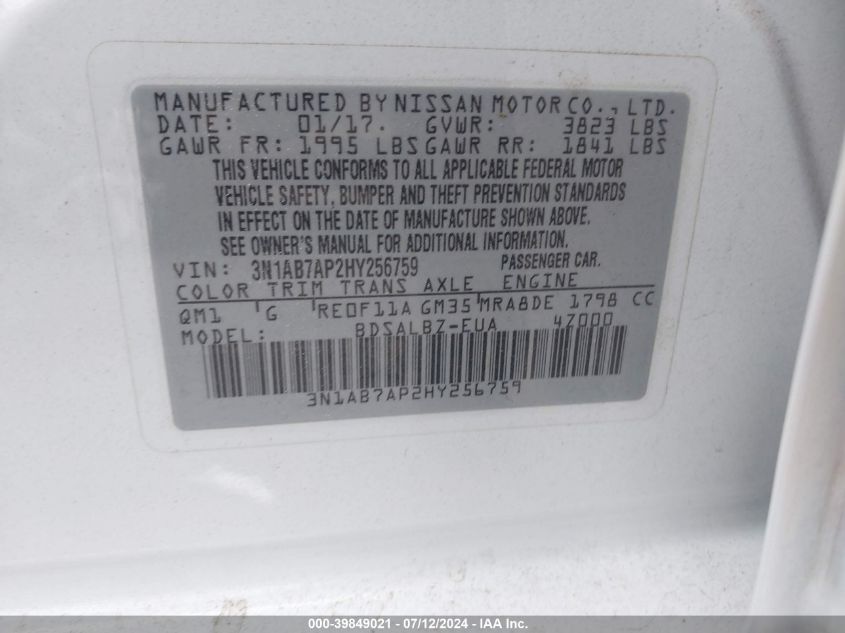 2017 Nissan Sentra S/Sv/Sr/Sl VIN: 3N1AB7AP2HY256759 Lot: 39849021