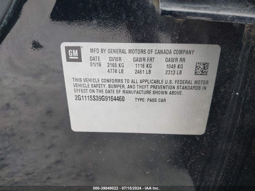 2016 Chevrolet Impala 2Lt VIN: 2G1115S39G9164460 Lot: 39849022