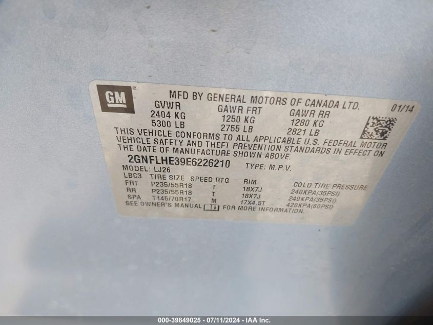 2014 Chevrolet Equinox Ltz VIN: 2GNFLHE39E6226210 Lot: 39849025