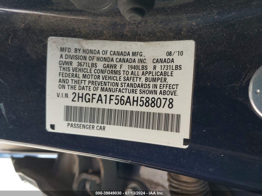 2010 Honda Civic Lx VIN: 2HGFA1F56AH588078 Lot: 39849030