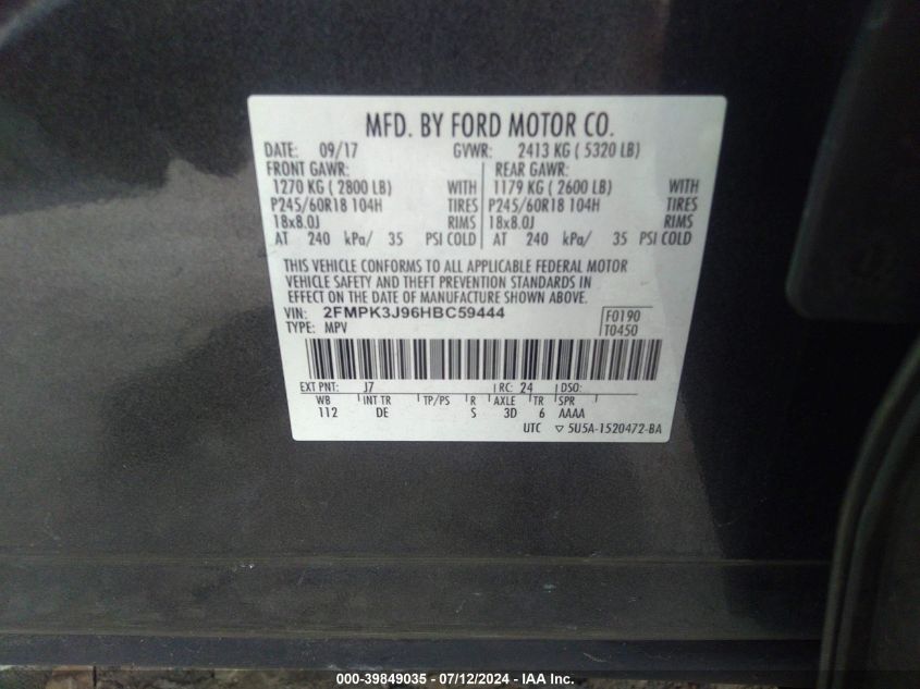 2017 Ford Edge Sel VIN: 2FMPK3J96HBC59444 Lot: 39849035