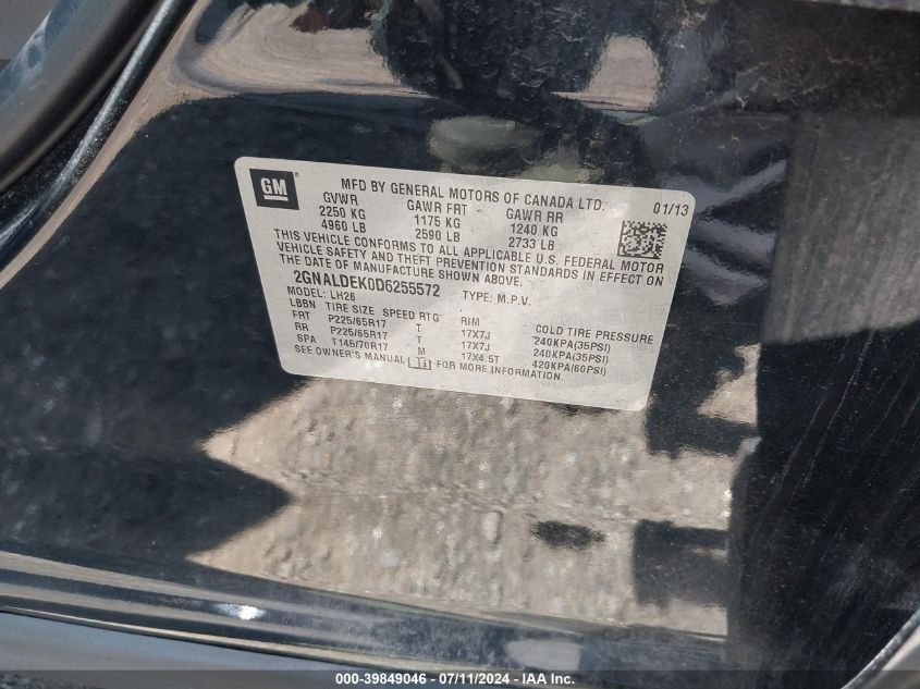 2013 Chevrolet Equinox 1Lt VIN: 2GNALDEK0D6255572 Lot: 39849046