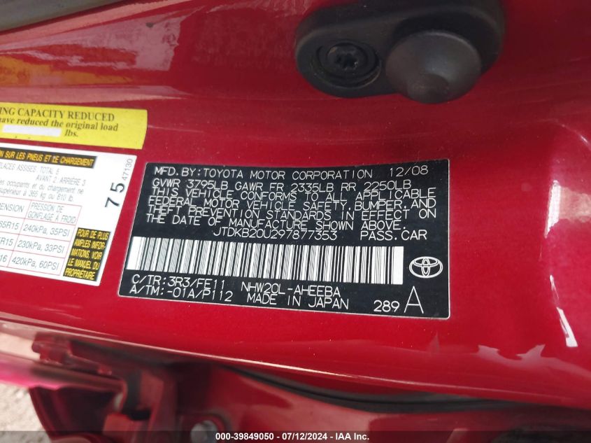 2009 Toyota Prius Standard VIN: JTDKB20U297877353 Lot: 39849050