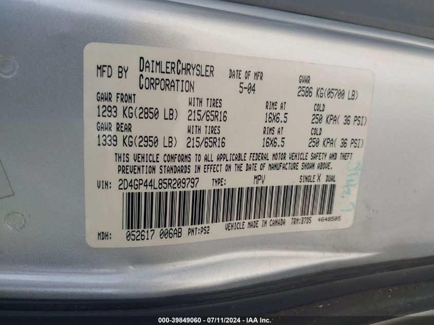 2005 Dodge Grand Caravan Sxt VIN: 2D4GP44L85R209797 Lot: 39849060