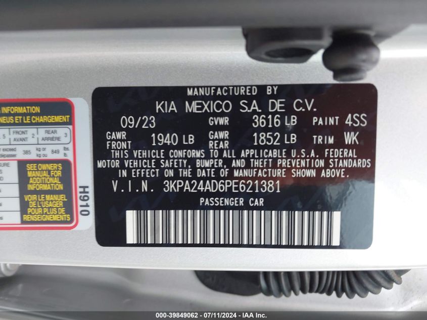 2023 Kia Rio S VIN: 3KPA24AD6PE621381 Lot: 39849062