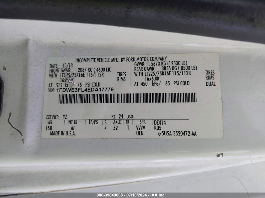 2014 Ford Econoline E350 Super Duty Ctway Van VIN: 1FDWE3FL4EDA17779 Lot: 39849068