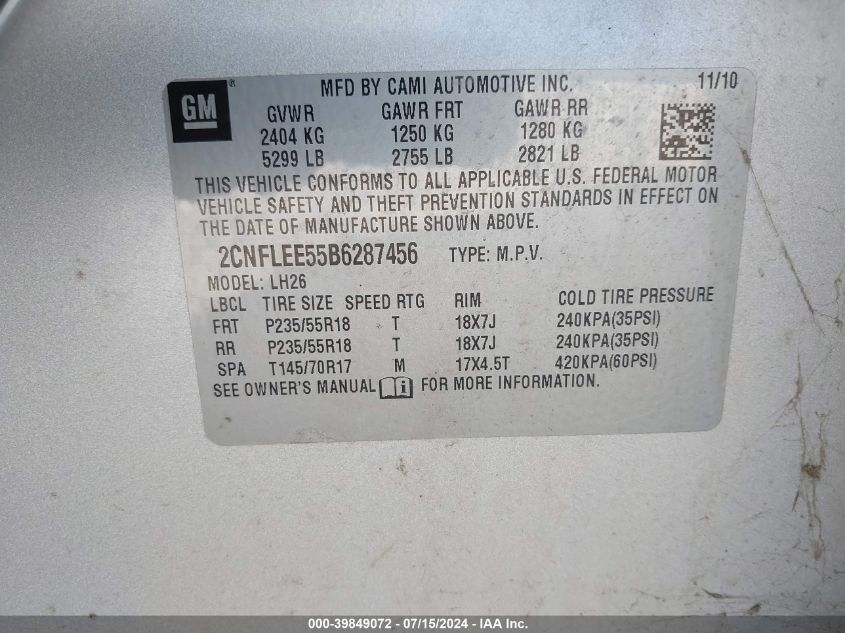 2011 Chevrolet Equinox 1Lt VIN: 2CNFLEE55B6287456 Lot: 39849072