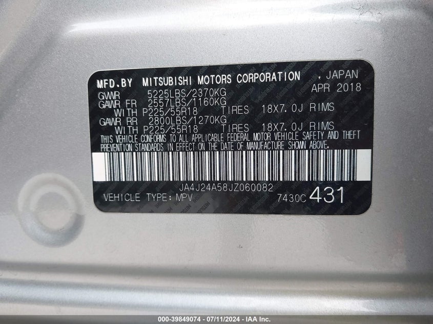 2018 Mitsubishi Outlander Phev Sel VIN: JA4J24A58JZ060082 Lot: 39849074