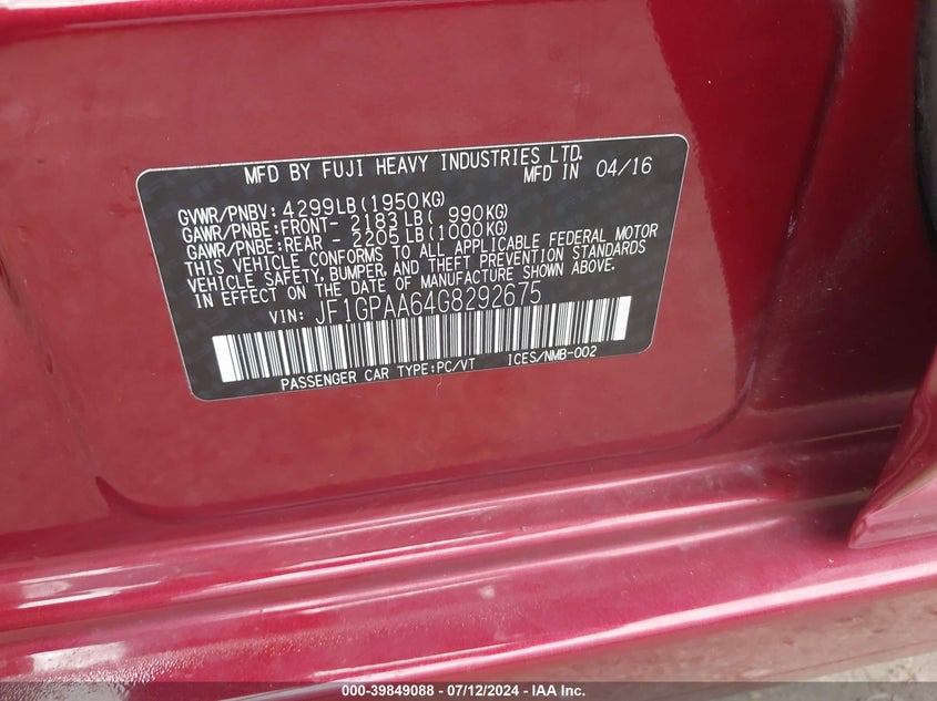 2016 Subaru Impreza 2.0I VIN: JF1GPAA64G8292675 Lot: 39849088