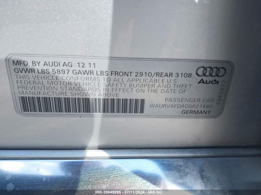 2012 Audi A8 L 4.2 VIN: WAURVAFD4CN021480 Lot: 39849095