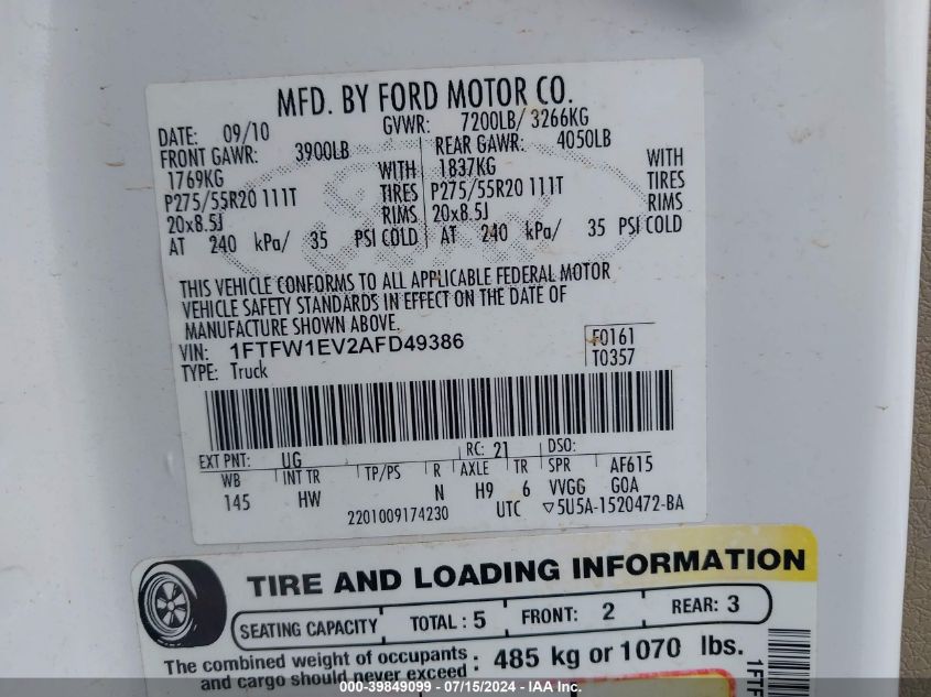 2010 Ford F-150 Fx4/Harley-Davidson/King Ranch/Lariat/Platinum/Xl/Xlt VIN: 1FTFW1EV2AFD49386 Lot: 39849099