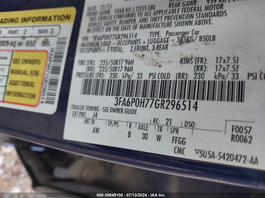 2016 Ford Fusion Se VIN: 3FA6P0H77GR296514 Lot: 39849105