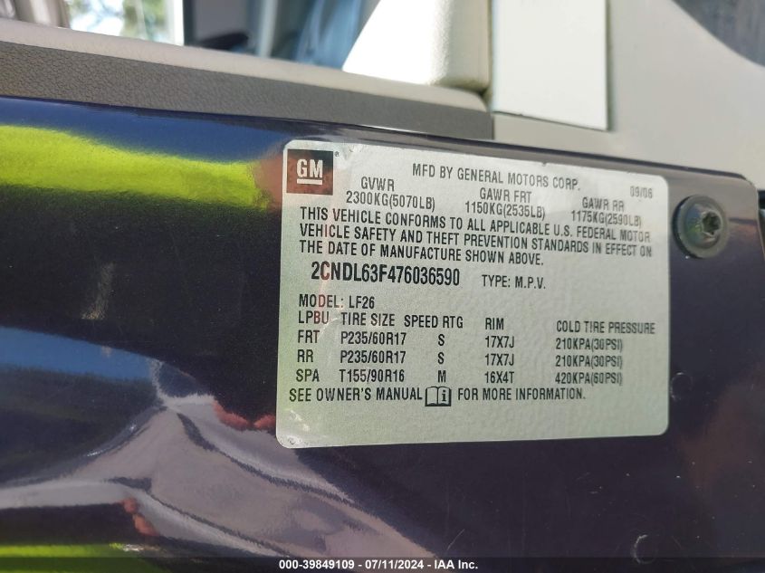 2007 Chevrolet Equinox Lt VIN: 2CNDL63F476036590 Lot: 39849109