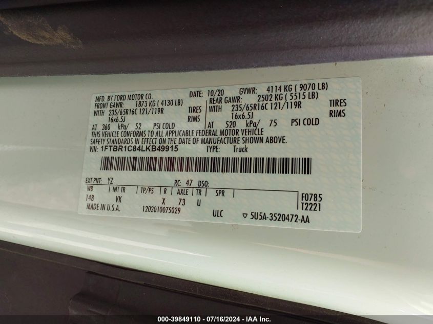 2020 Ford Transit-250 VIN: 1FTBR1C84LKB49915 Lot: 39849110