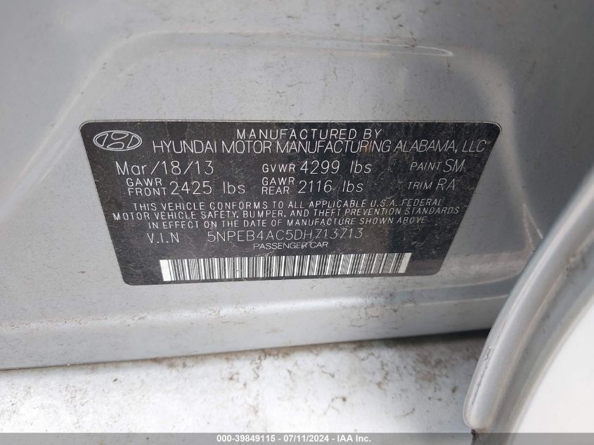 2013 Hyundai Sonata Gls VIN: 5NPEB4AC5DH713713 Lot: 39849115