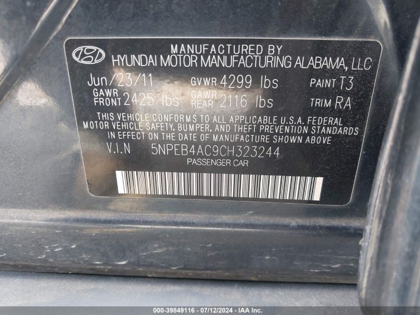 2012 Hyundai Sonata Gls VIN: 5NPEB4AC9CH323244 Lot: 39849116