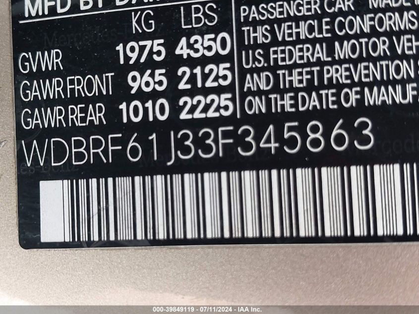 2003 Mercedes-Benz C 240 VIN: WDBRF61J33F345863 Lot: 39849119