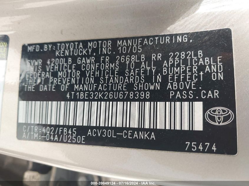 4T1BE32K26U678398 2006 Toyota Camry Std