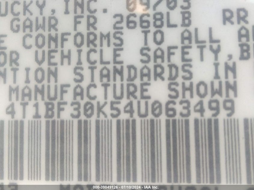 2004 Toyota Camry Xle V6 VIN: 4T1BF30K54U063499 Lot: 39849126