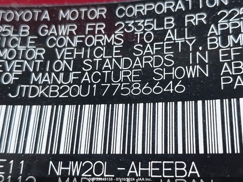 2007 Toyota Prius VIN: JTDKB20U177586646 Lot: 39849135