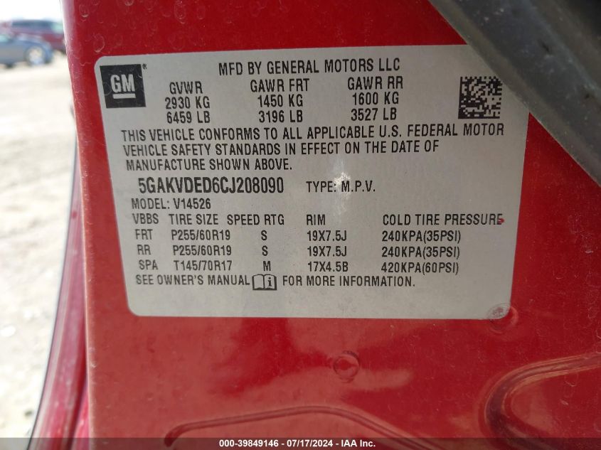 2012 Buick Enclave Premium VIN: 5GAKVDED6CJ208090 Lot: 39849146