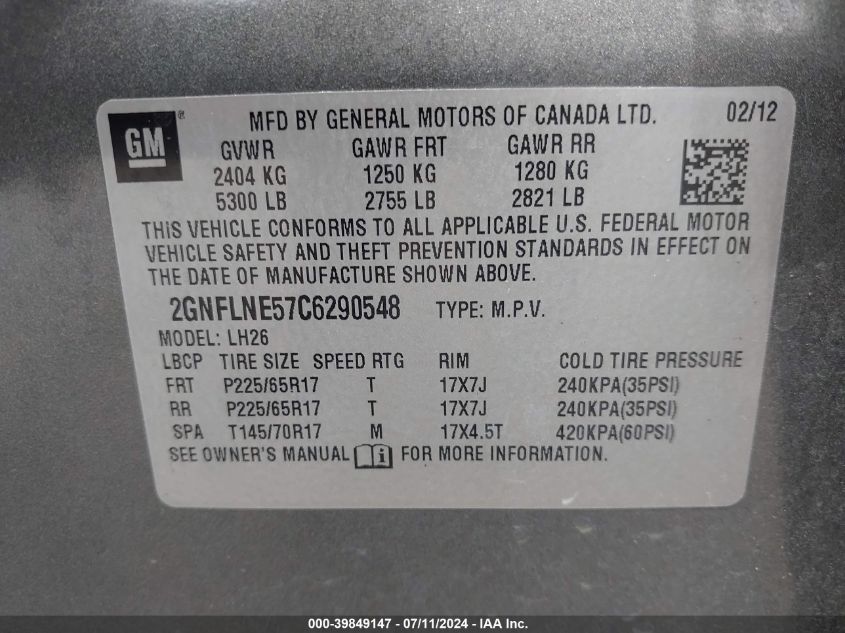 2012 Chevrolet Equinox 2Lt VIN: 2GNFLNE57C6290548 Lot: 39849147