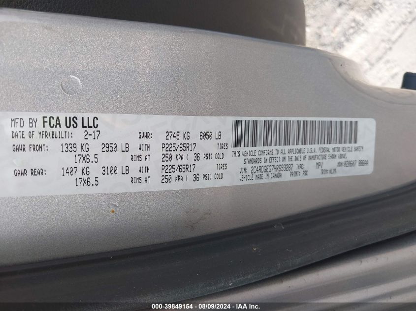 2017 Dodge Grand Caravan Gt VIN: 2C4RDGEG7HR693287 Lot: 39849154