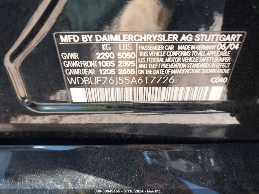 2005 Mercedes-Benz E 55 Amg VIN: WDBUF76J55A617726 Lot: 39849165