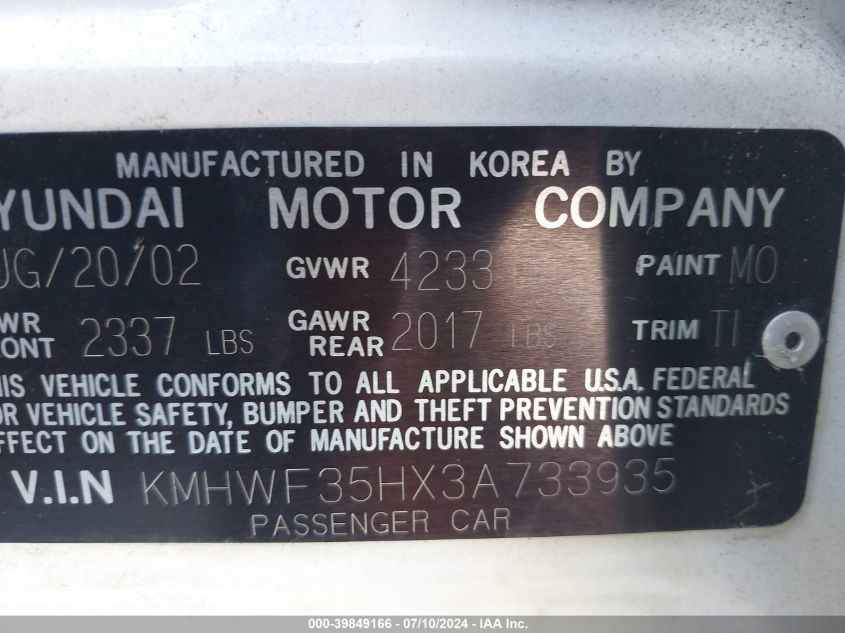 2003 Hyundai Sonata Gls/Lx VIN: KMHWF35HX3A733935 Lot: 39849166