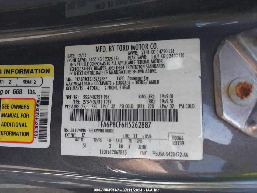 2017 Ford Mustang Gt Premium VIN: 1FA6P8CF6H5262887 Lot: 39849167