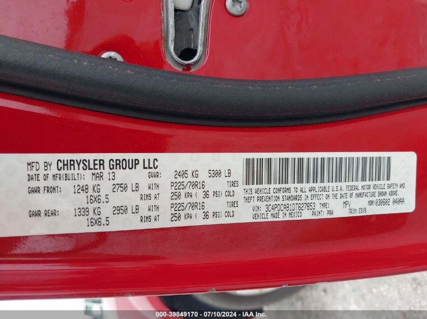 2013 Dodge Journey Se VIN: 3C4PDCAB1DT627853 Lot: 39848043