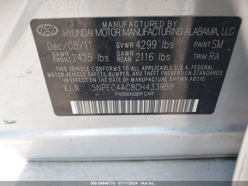 2012 Hyundai Sonata Limited VIN: 5NPEC4AC8CH433988 Lot: 39849175