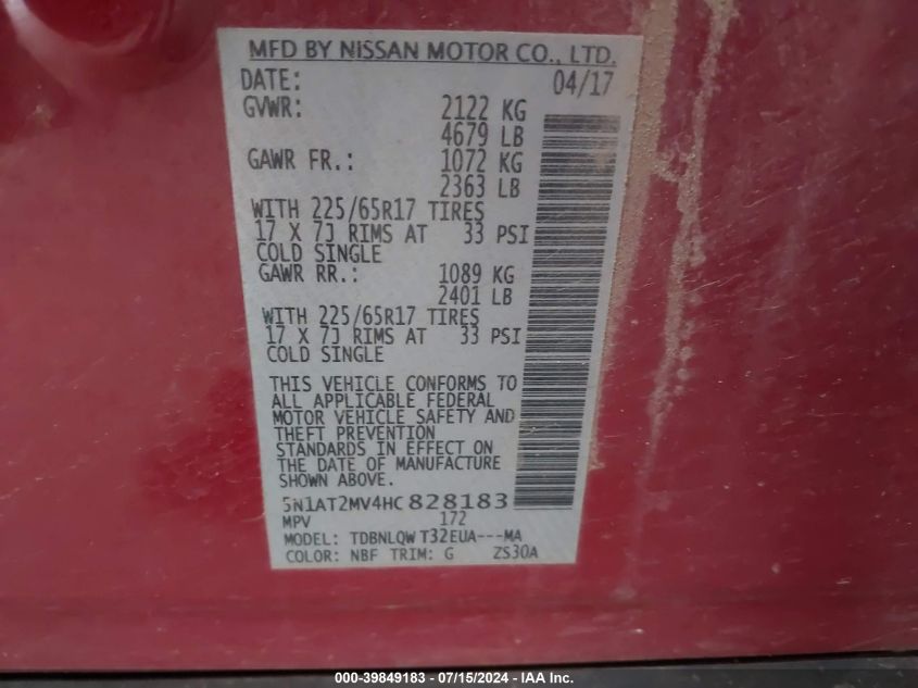 2017 Nissan Rogue Sv VIN: 5N1AT2MV4HC828183 Lot: 39849183