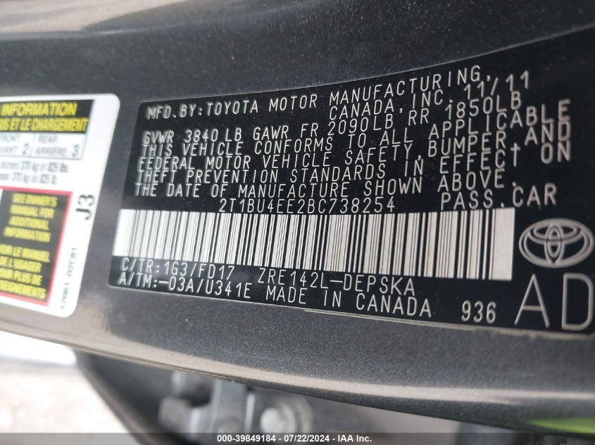 2011 Toyota Corolla S VIN: 2T1BU4EE2BC738254 Lot: 39849184