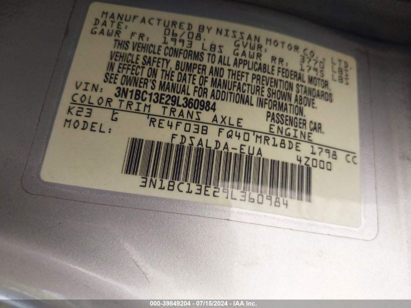 2009 Nissan Versa 1.8S VIN: 3N1BC13E29L360984 Lot: 39849204