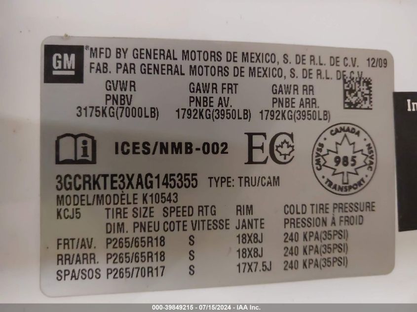 2010 Chevrolet Silverado 1500 K1500 Ltz VIN: 3GCRKTE3XAG145355 Lot: 39849215