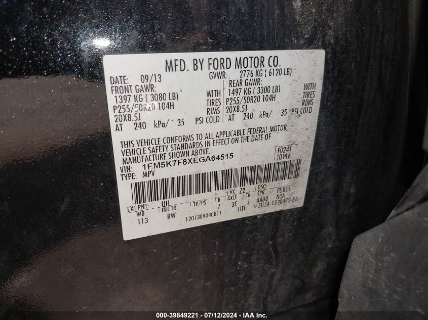 2014 Ford Explorer Limited VIN: 1FM5K7F8XEGA64515 Lot: 39849221