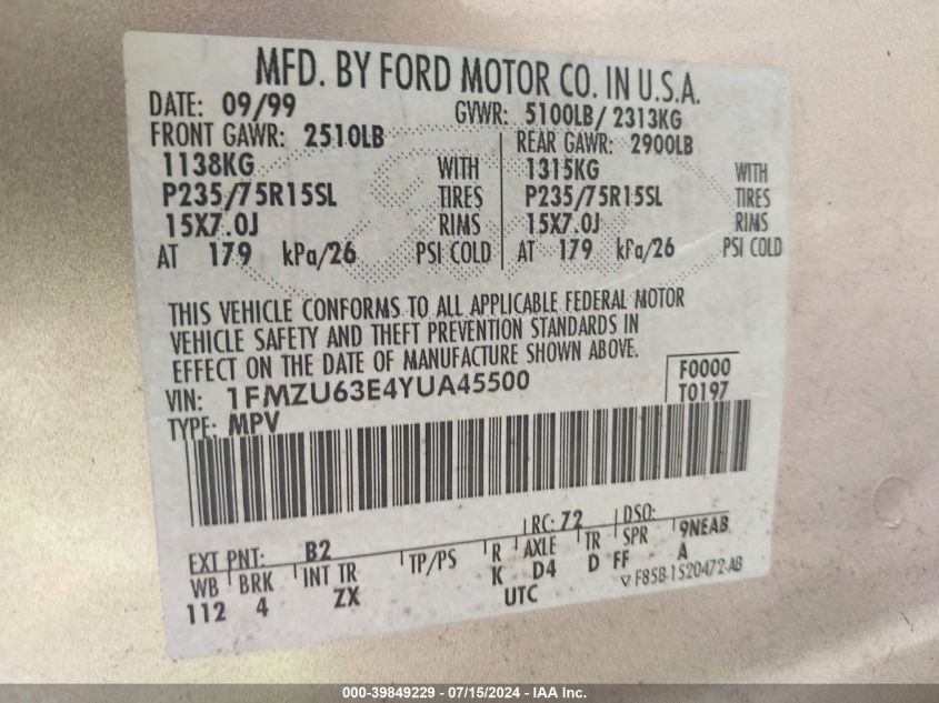 2000 Ford Explorer Xlt VIN: 1FMZU63E4YUA45500 Lot: 39849229