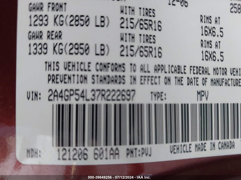 2007 Chrysler Town & Country Touring VIN: 2A4GP54L37R222697 Lot: 39849256