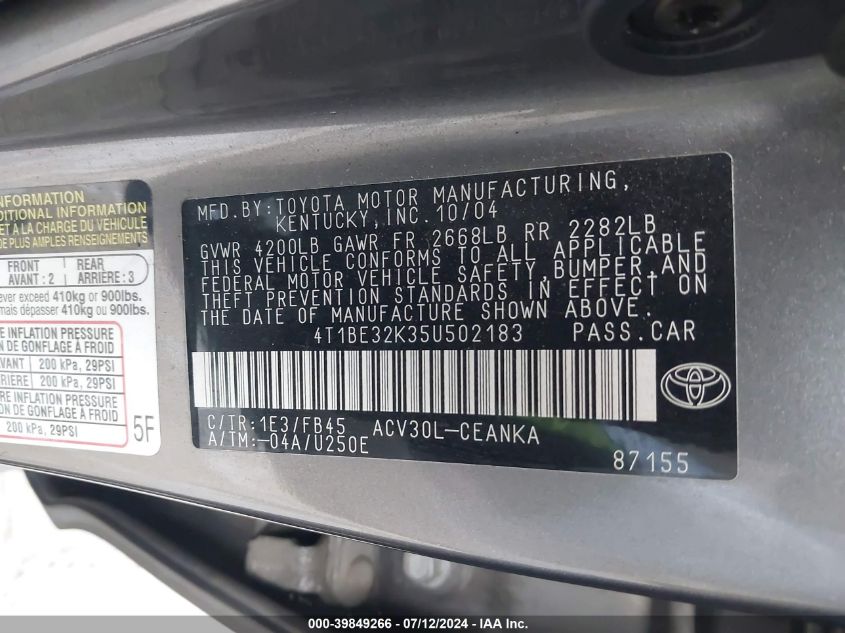 2005 Toyota Camry Std/Le/Se/Xle VIN: 4T1BE32K35U502183 Lot: 39849266